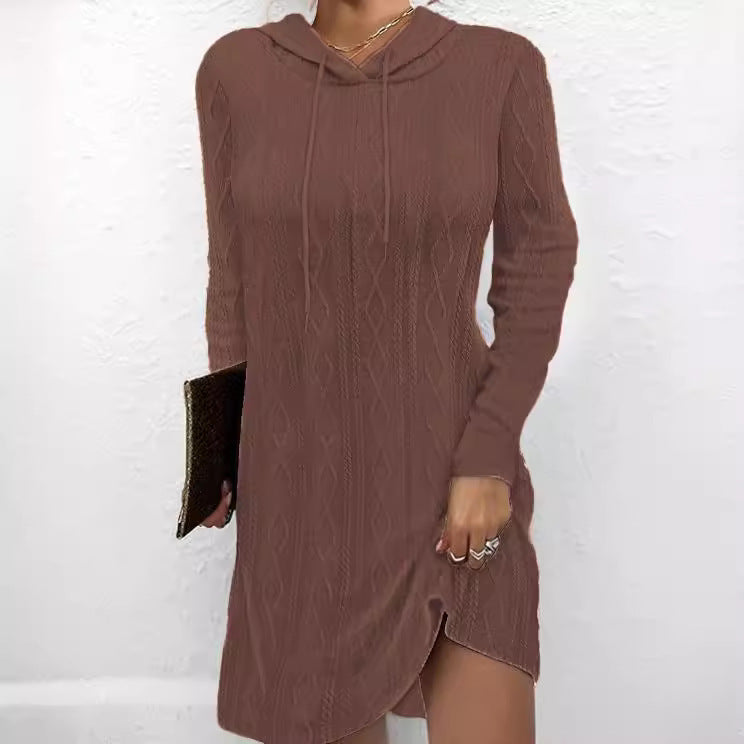 Women’s hoodie dress with textured knitted pattern and practical side pockets Ivyshape
