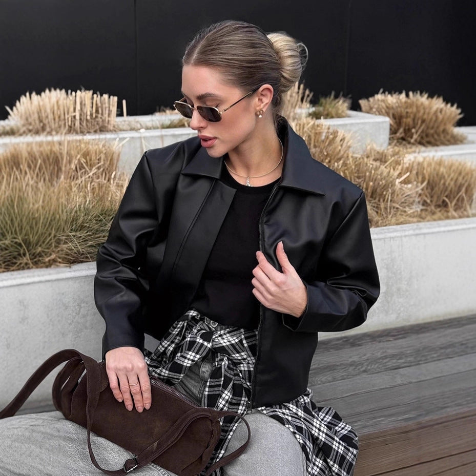 Women Faux Leather Jacket with Simple Cut and Decorative Collar Ivyshape