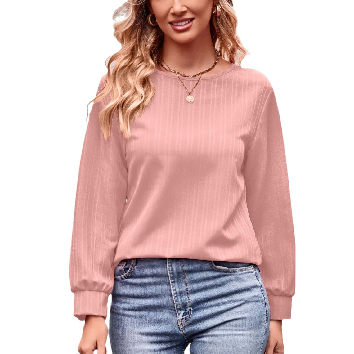 IvyShape | Solid Color Double Line Jacquard Long Sleeve Tee Top