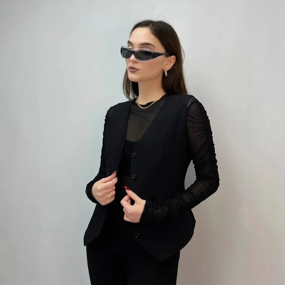 Women's fitted blazer with ruffle details and transparent sleeves Ivyshape