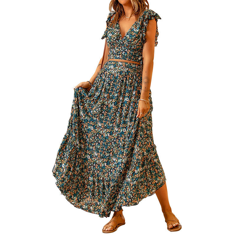 Ladies maxi dress with ruffle details and floral design Ivyshape