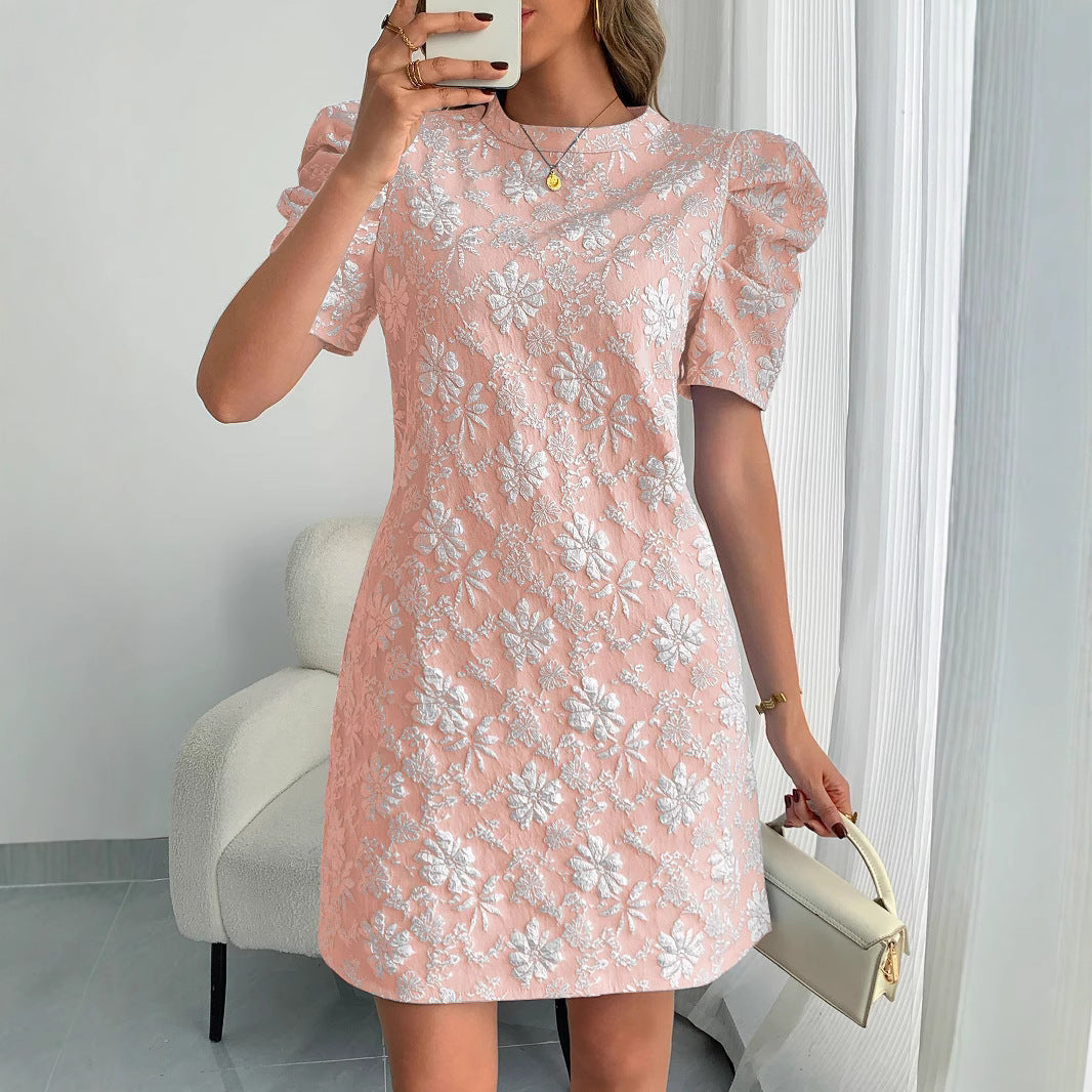 Ladies elegant wedding dress with puff sleeves and floral embroidery Ivyshape