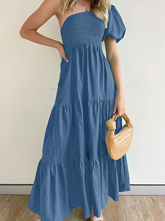 IvyShape | Romantic One-Shoulder Puff Sleeve Beach Dress