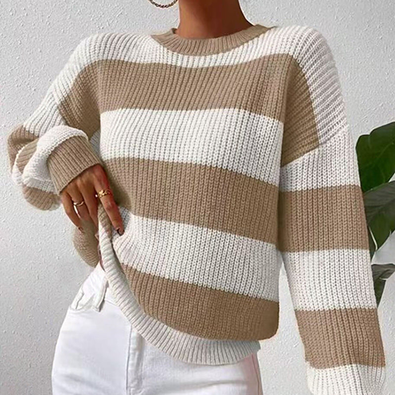 IvyShape | Striped Loose Long Sleeve Knit Sweater