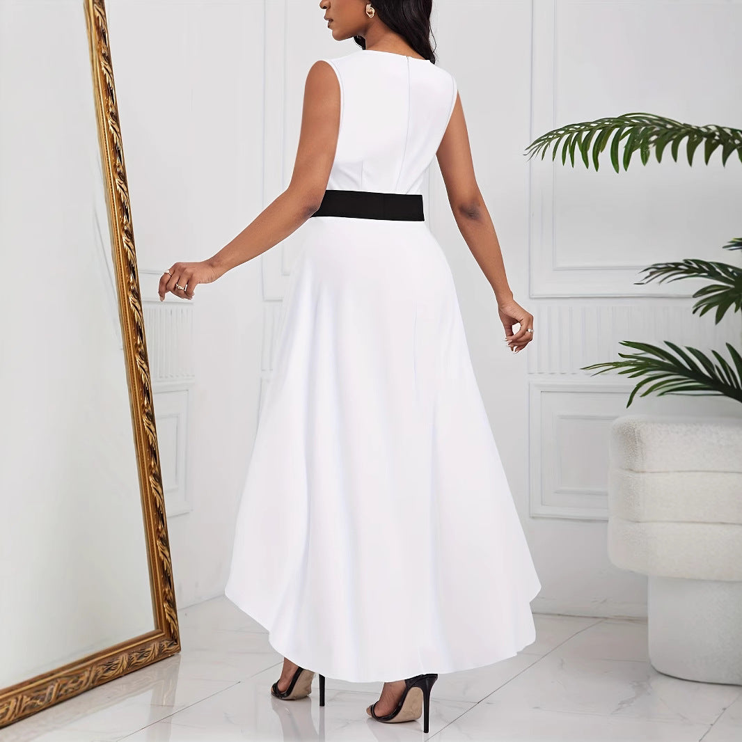 Ladies Elegant Jumpsuit with Asymmetrical Skirt and Deep V-Neck Ivyshape