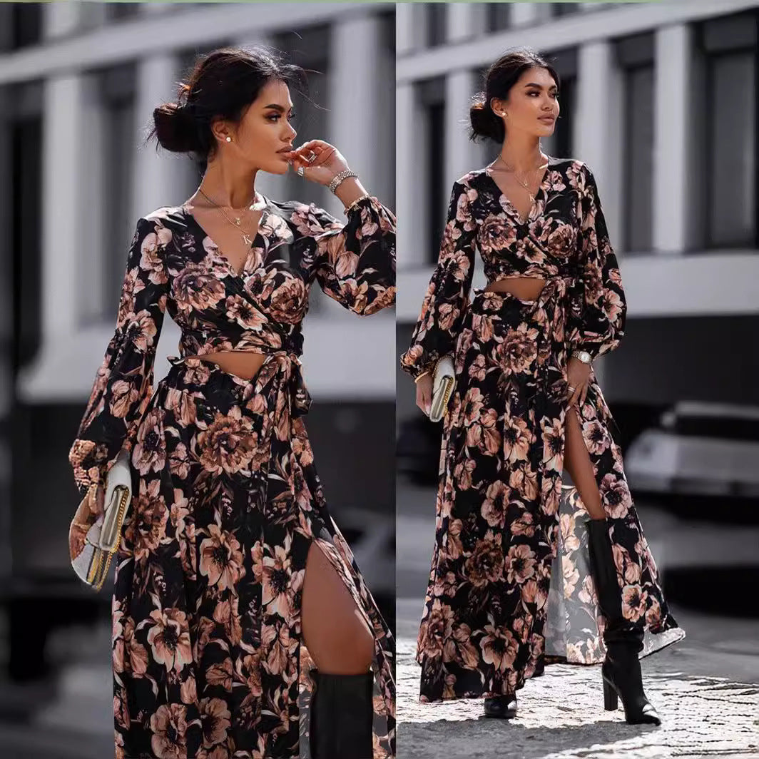 IvyShape | Floral Print Leopard Split Long Sleeve Dress Set