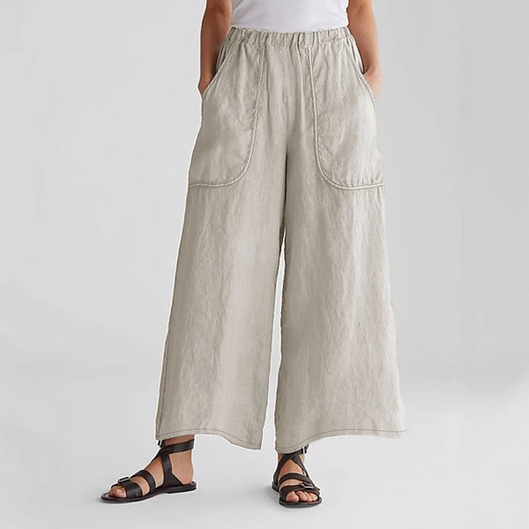 Women's lightweight, loose-fitting linen trousers with elastic waistband and practical pockets Ivyshape