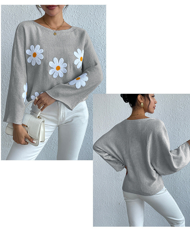 IvyShape | Floral Embroidery One-Shoulder Pullover Sweater