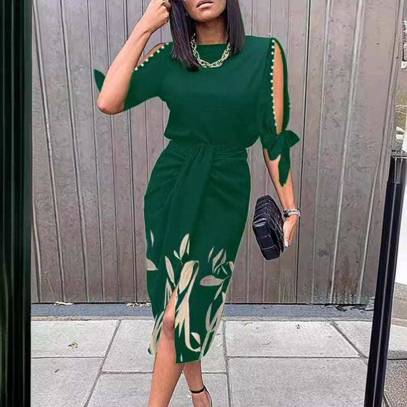 Elegant midi dress for women with stylish cut-out sleeves Ivyshape