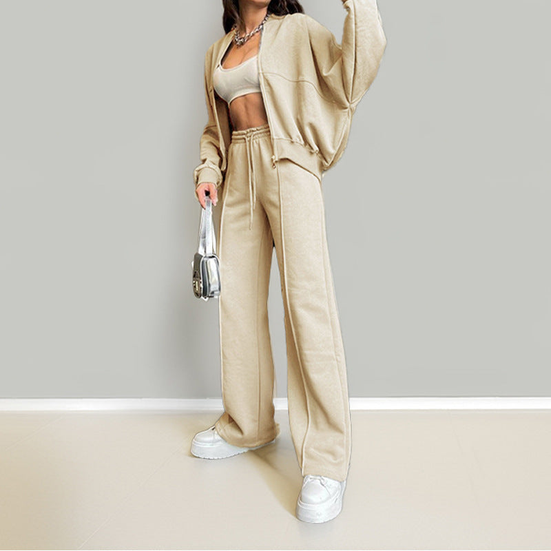 IvyShape | Casual solid color loose tie hoodie tracksuit