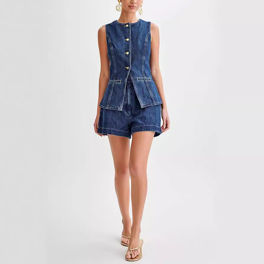 Ivyshape | Women's Classy Two-Piece Short And Vest Set Denim