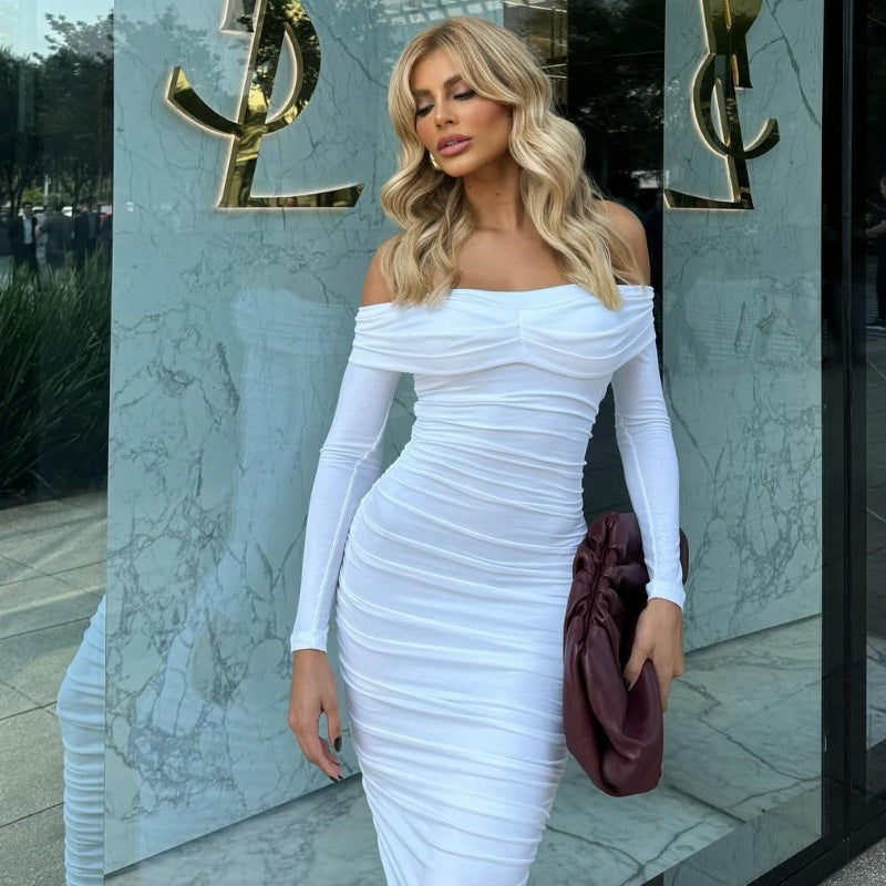 Women figure-hugging maxi dress with off-shoulder design and gathering Ivyshape