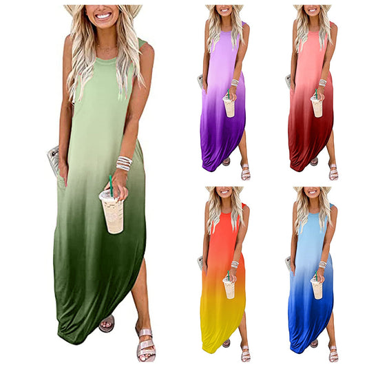 IvyShape | Gradient Sleeveless Printed Pocket Long Dress