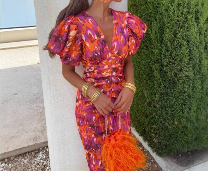 Women Figure-hugging Midnight Dress with Puff Sleeves and V-neck Ivyshape