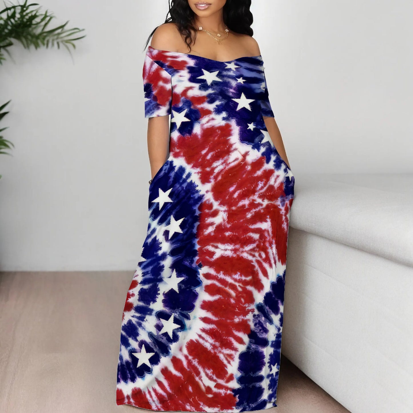 Women's Off-Shoulder Maxi Dress in Creative Graphic Design and Comfortable Fit Ivyshape