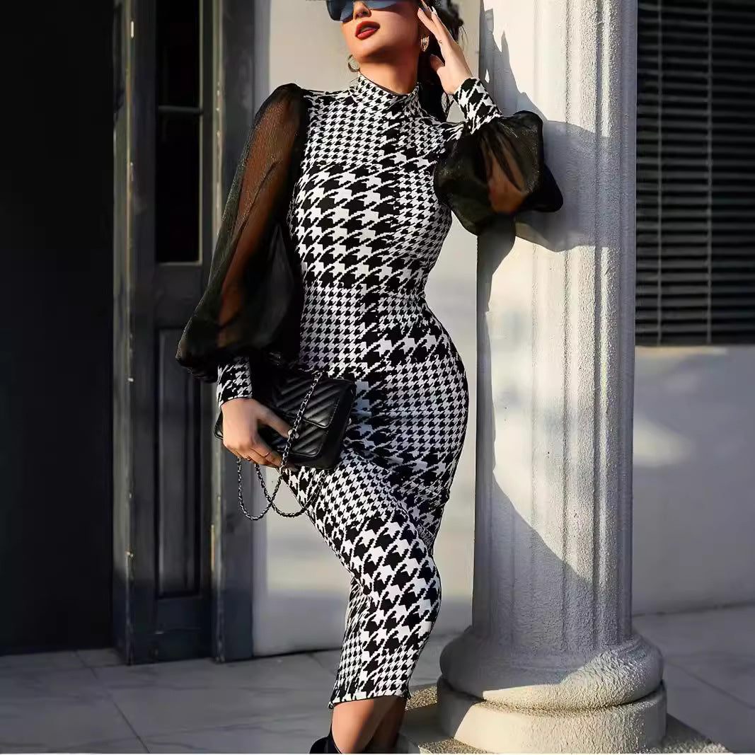Women's Elegant Jumpsuit with Transparent Puff Sleeves and Houndstooth Pattern Ivyshape