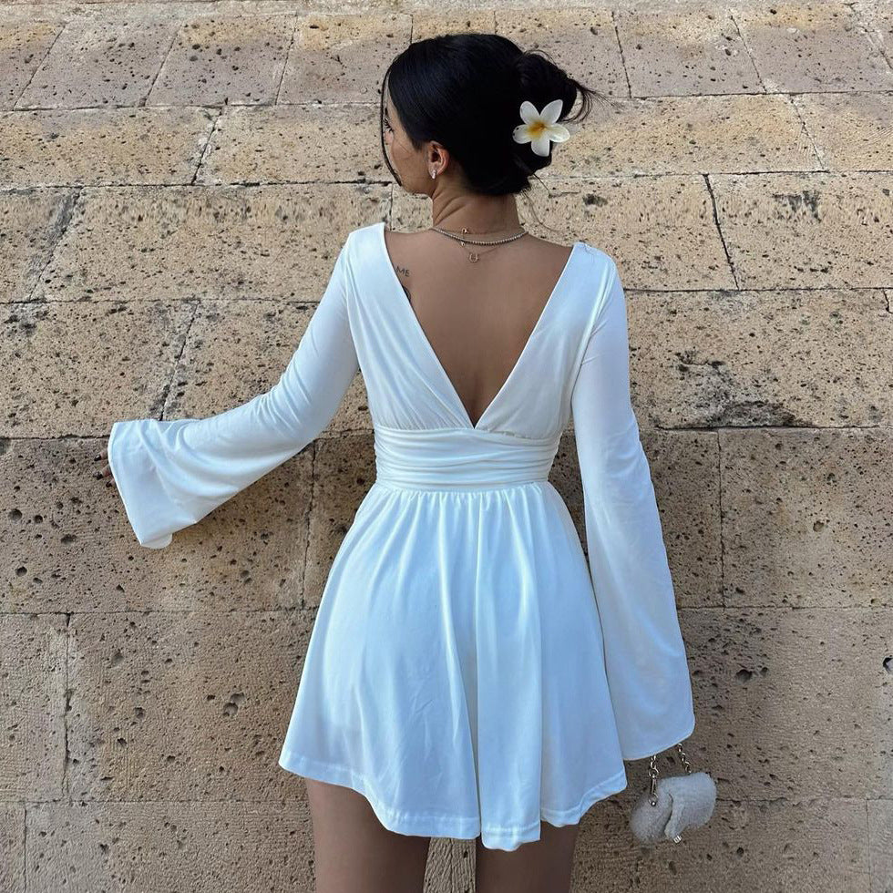 Women's Elegant Long Sleeve Dress with Deep V-Neck and Flowing Skirt Ivyshape