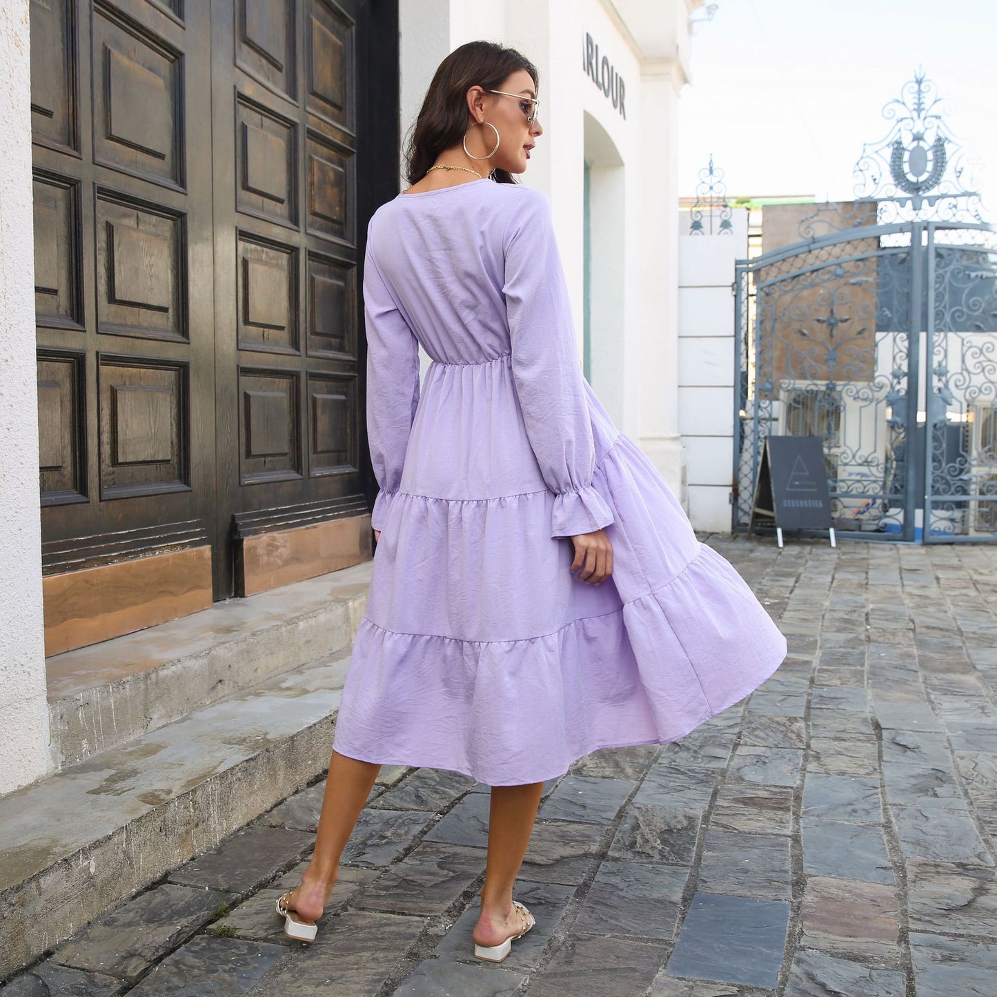 Ladies' midi dress with ruffles and long sleeves Ivyshape