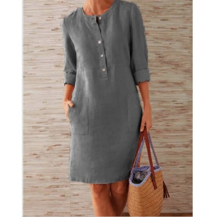 IvyShape | Cotton Linen Round Neck Long Sleeve Midi Dress