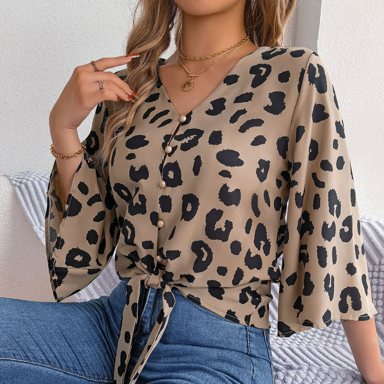 IvyShape | Leopard Print Tied Chiffon Shirt Top