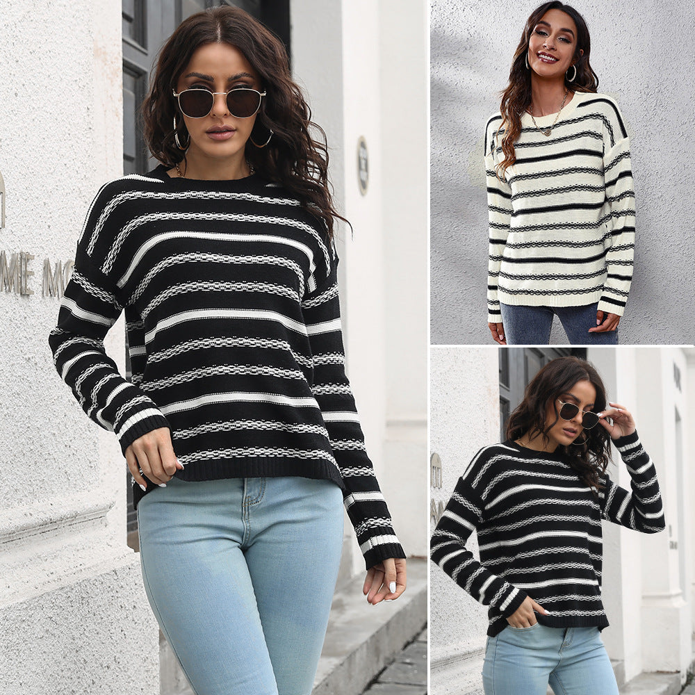Ladies Casual Knit Sweater with Modern Stripe Pattern and Comfortable Fit Ivyshape