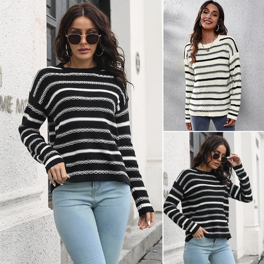 Ladies Casual Knit Sweater with Modern Stripe Pattern and Comfortable Fit Ivyshape