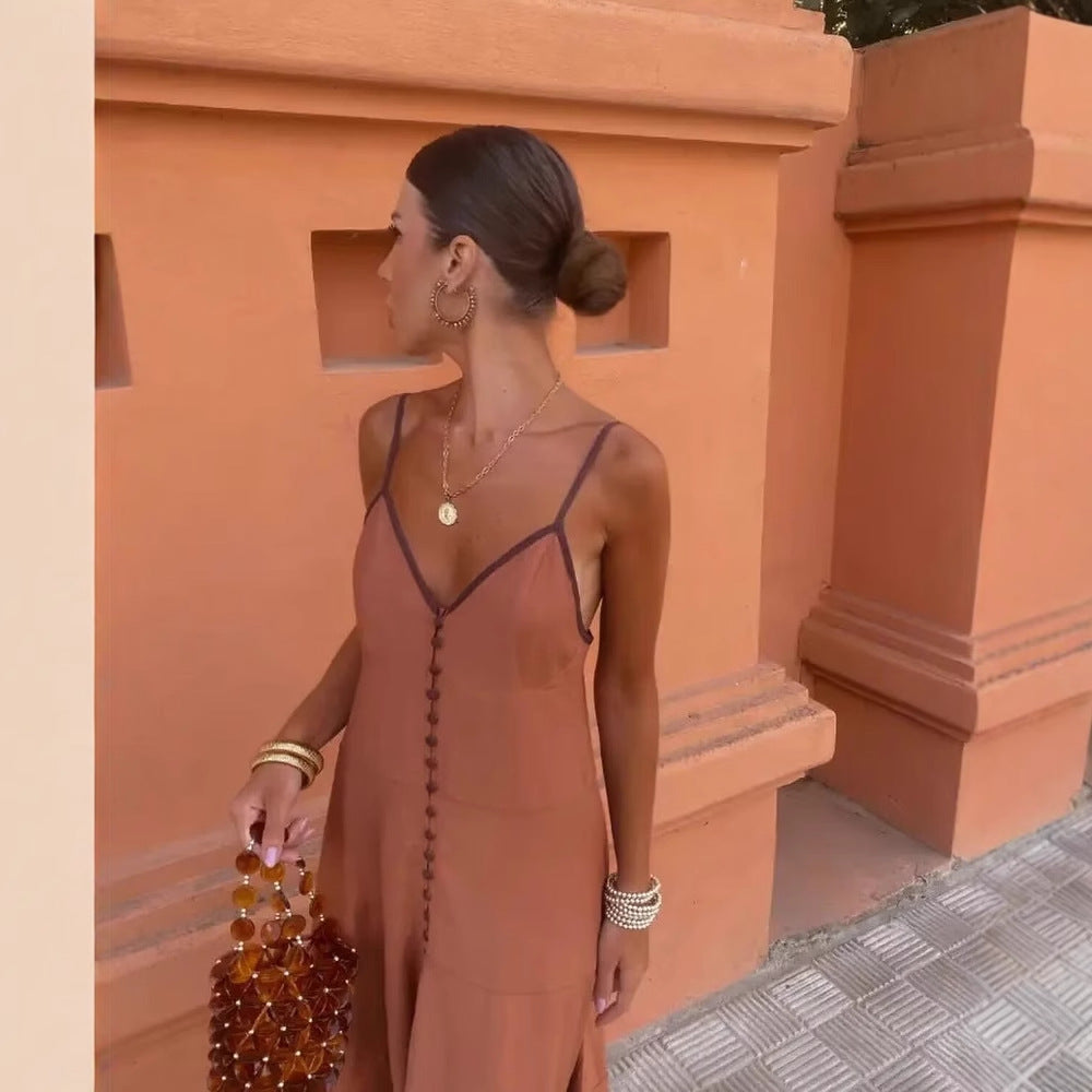 Women's Maxi Dress with fine button details and delicate V-neck Ivyshape