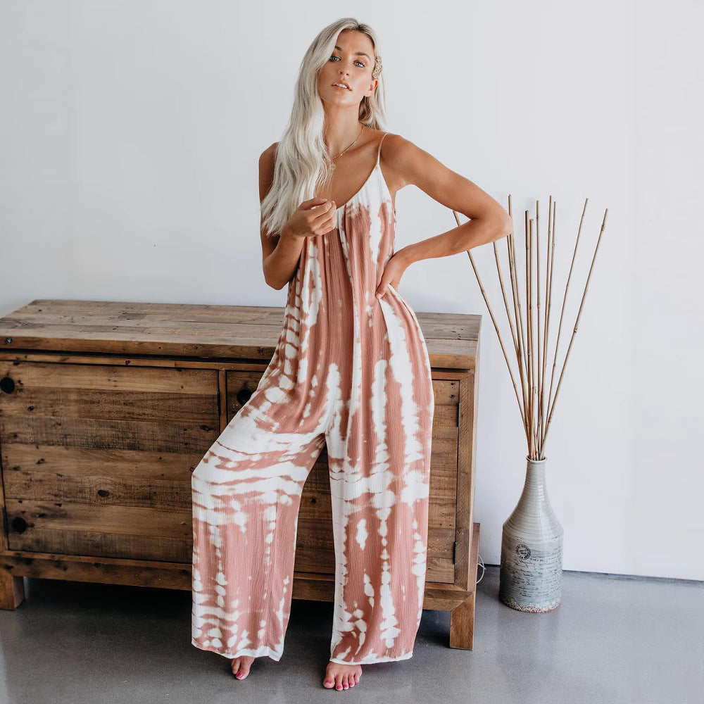 Women’s maxi dress with trendy tie-dye design and voluminous straps Ivyshape