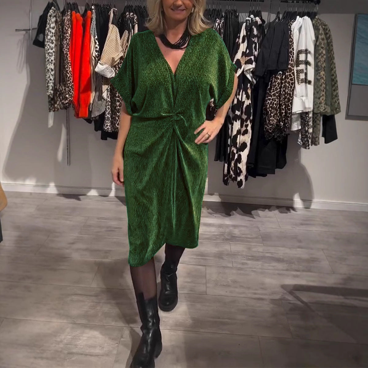 Women Elegant Wrap Dress with Textured Fabric and Waist Belt Ivyshape