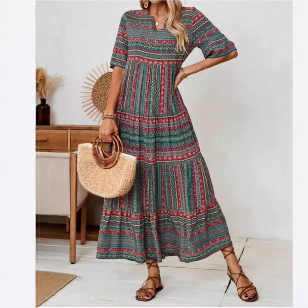 IvyShape | Printed Maxi Bohemian V-Neck Casual Dress