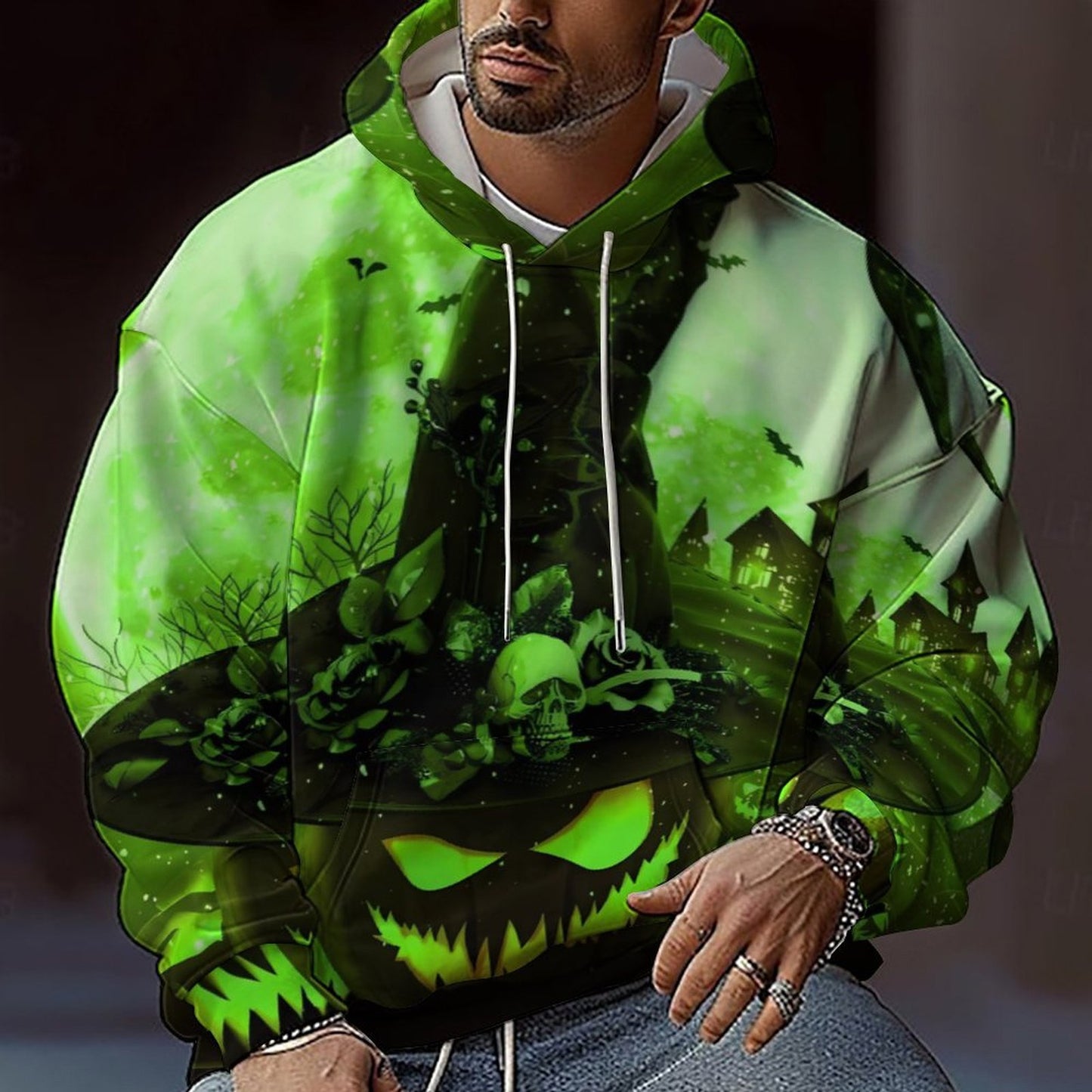 Men's hoodie with creative Halloween design and loose fit Ivyshape