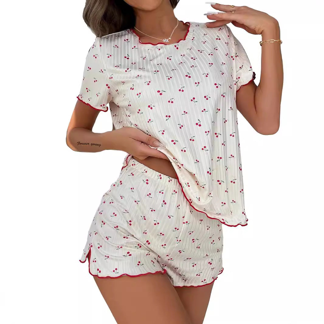 Women's Pajama Set with Elegant Lace Detail and Cheerful Cherry Pattern Ivyshape