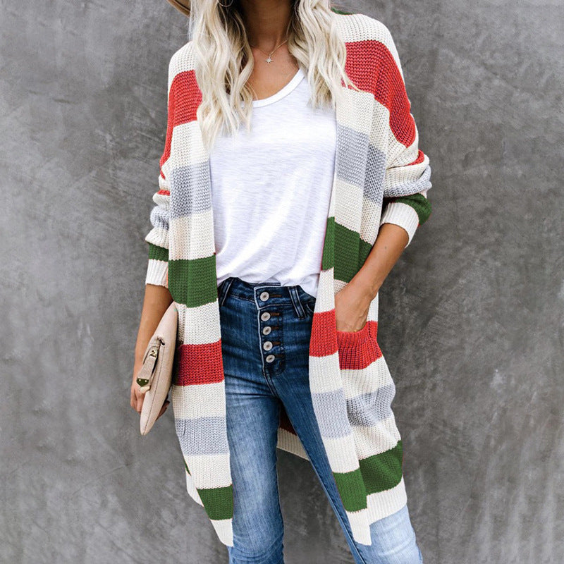 Women's casual cardigan with fashionable striped pattern and practical pockets Ivyshape