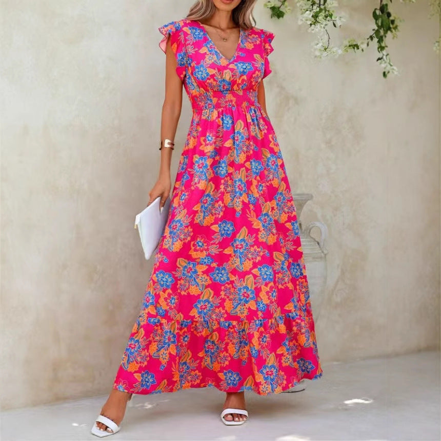Ladies Summer Floral Maxi Dress with Ruffle Sleeves and Elastic Waistband Ivyshape