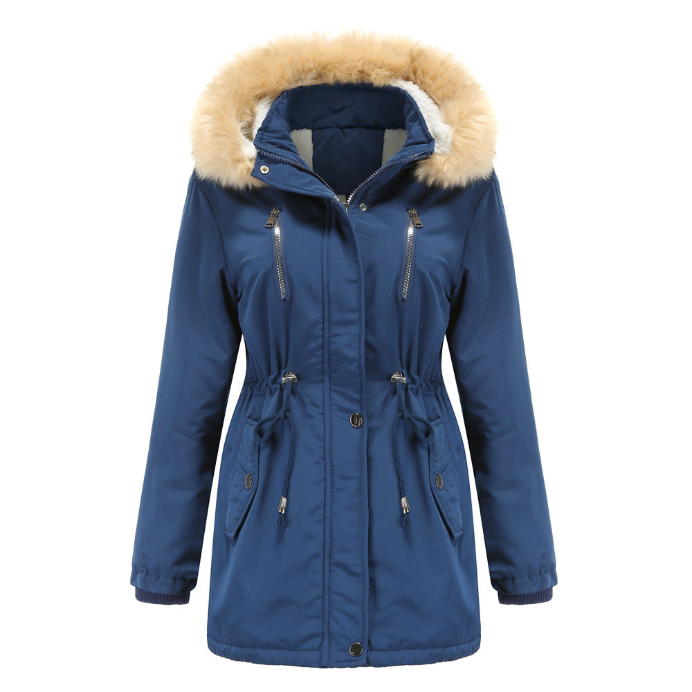 Women's fashionable outdoor jacket with removable faux fur collar and elastic waist drawstring Ivyshape