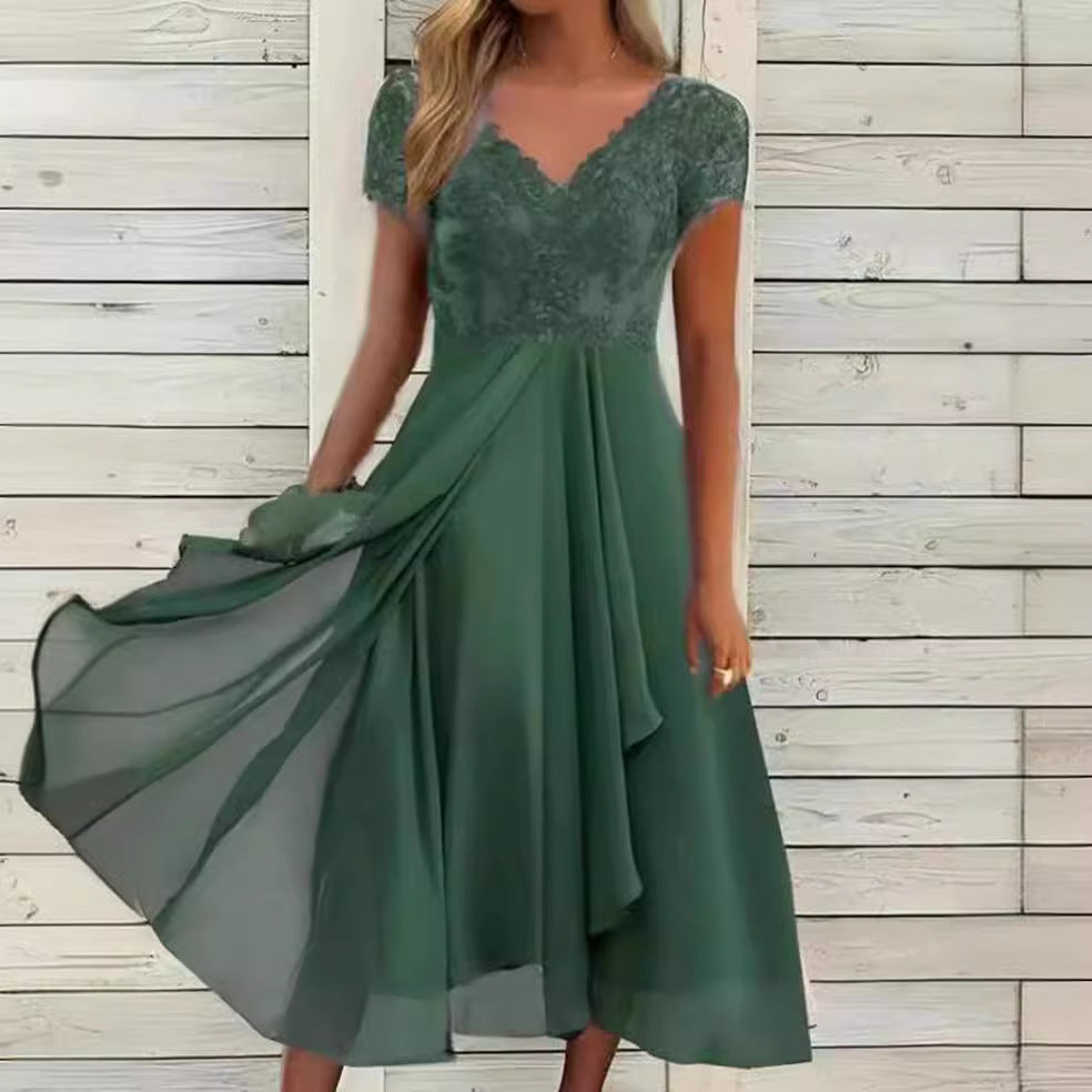 Women festive chiffon dress with lace top Ivyshape