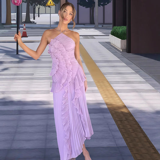 Women Elegant Wrap Dress with Pleated Ruffles and Asymmetrical Hem Ivyshape