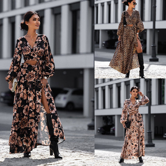 IvyShape | Floral Print Leopard Split Long Sleeve Dress Set