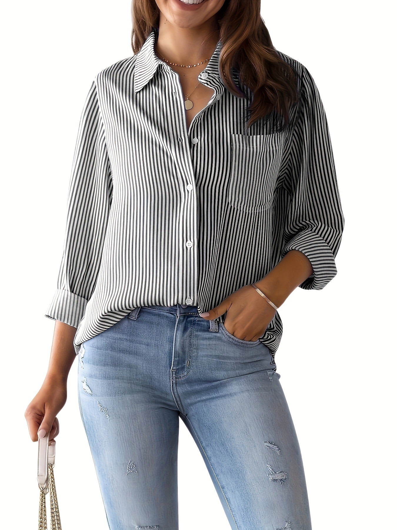 Women Casual Striped Blouse with Chest Pocket Ivyshape