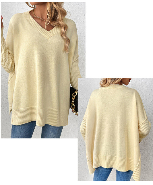 IvyShape | V-Neck Split Long Sleeve Knit Sweater