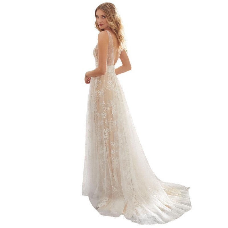 Ladies Elegant Wedding Dress with Floral Lace Trim and A-Line Cut Ivyshape