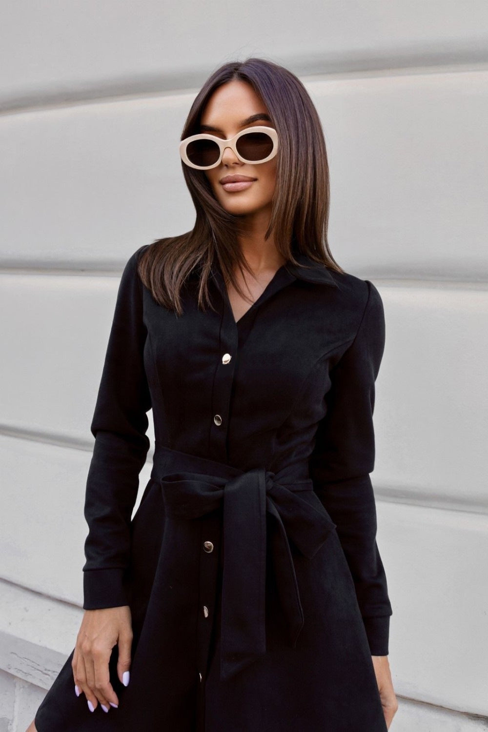 Women elegant shirt dress with waist belt and decorative button details Ivyshape