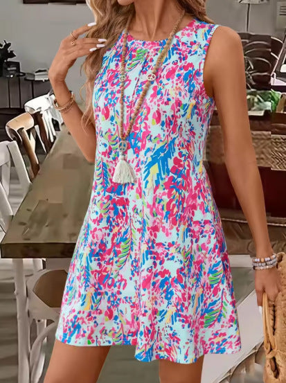 Women Sleeveless Boho Print Shift Dress Ivyshape