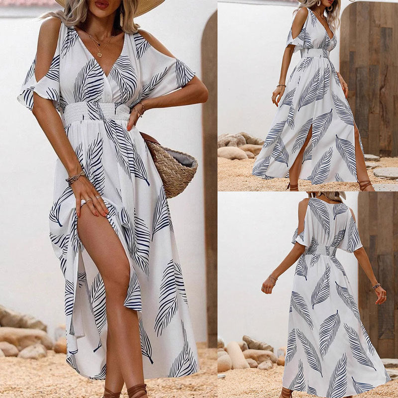 IvyShape | Printed Split V-Neck Off-Shoulder Vacation Maxi Dress