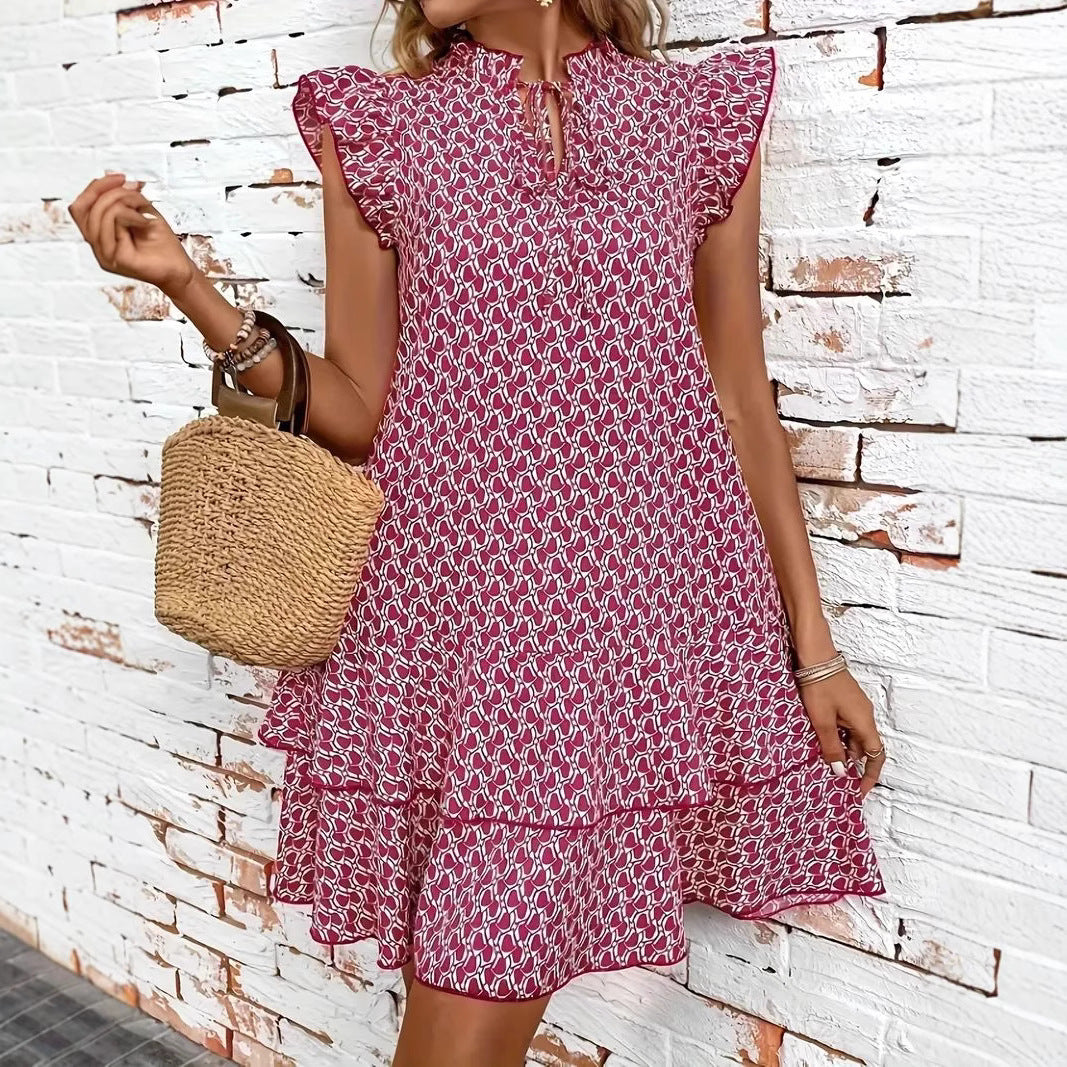 Women's Lightweight Boho Dress with Ruffle Details and High Neck Collar Ivyshape