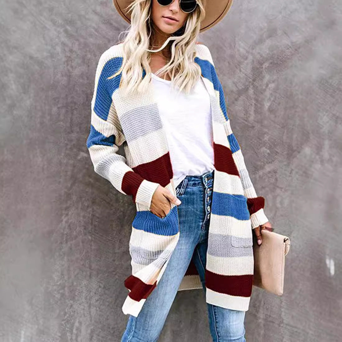 Women's casual cardigan with fashionable striped pattern and practical pockets Ivyshape
