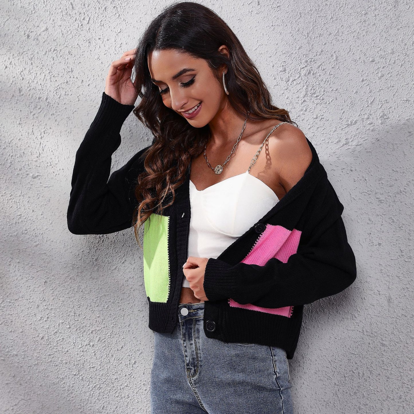 Ladies Fashion Cardigan with Colorful Pockets and Deep V-Neck Ivyshape