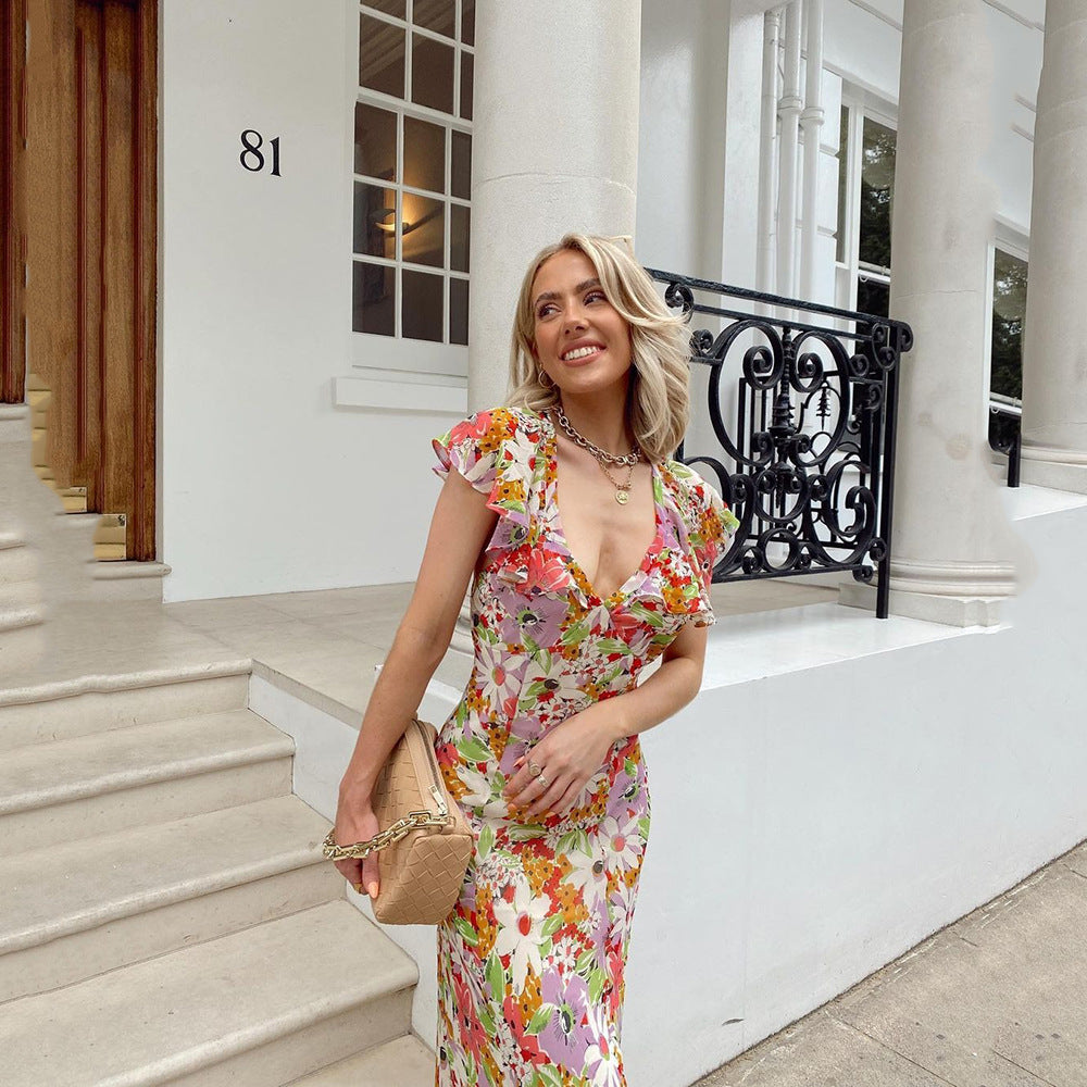 Women’s Floral Maxi Dress with Ruffle Cuts and Deep V-Neck Ivyshape