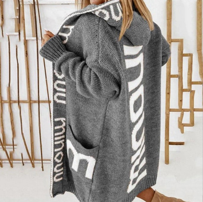 IvyShape | Trendy Mid-Length Letter Hooded Knit Coat