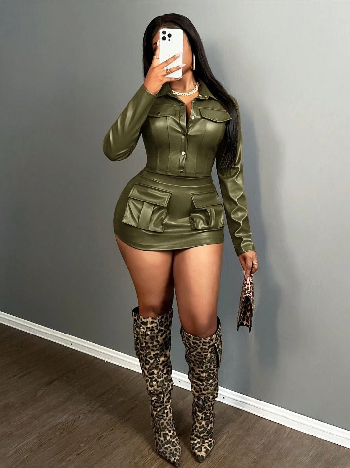 Women Faux Leather Mini Dress with Practical Flap Pockets Ivyshape